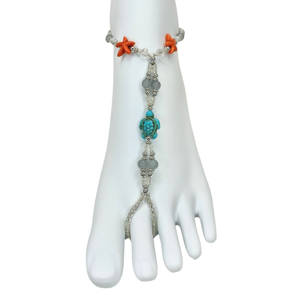 Barefoot Sandal Anklet: Burnt Sienna Starfish and Blue Sea Turtle