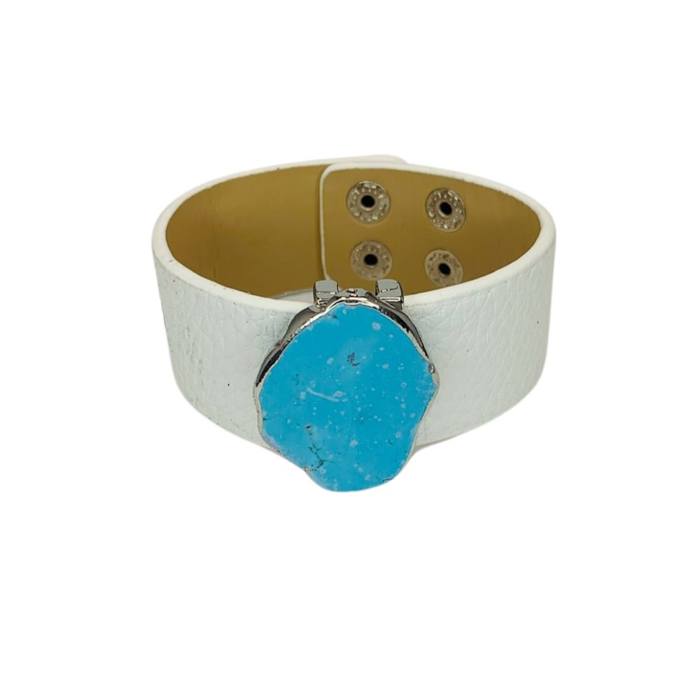 White Leather Bracelet with Soldered Faux Turquoise Slider Pendant