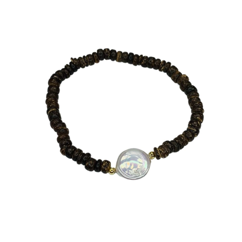 Coin Pearl Bracelet with Wood Beads