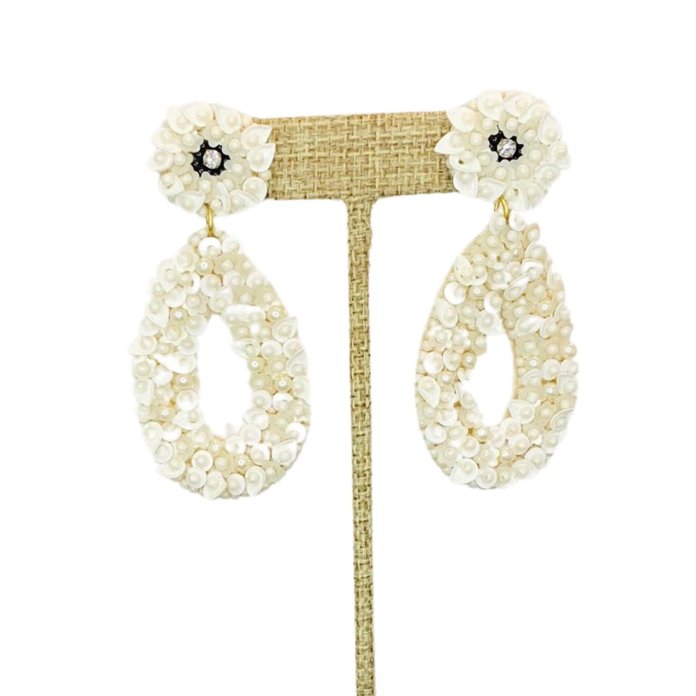 White Floral Beaded Earrings