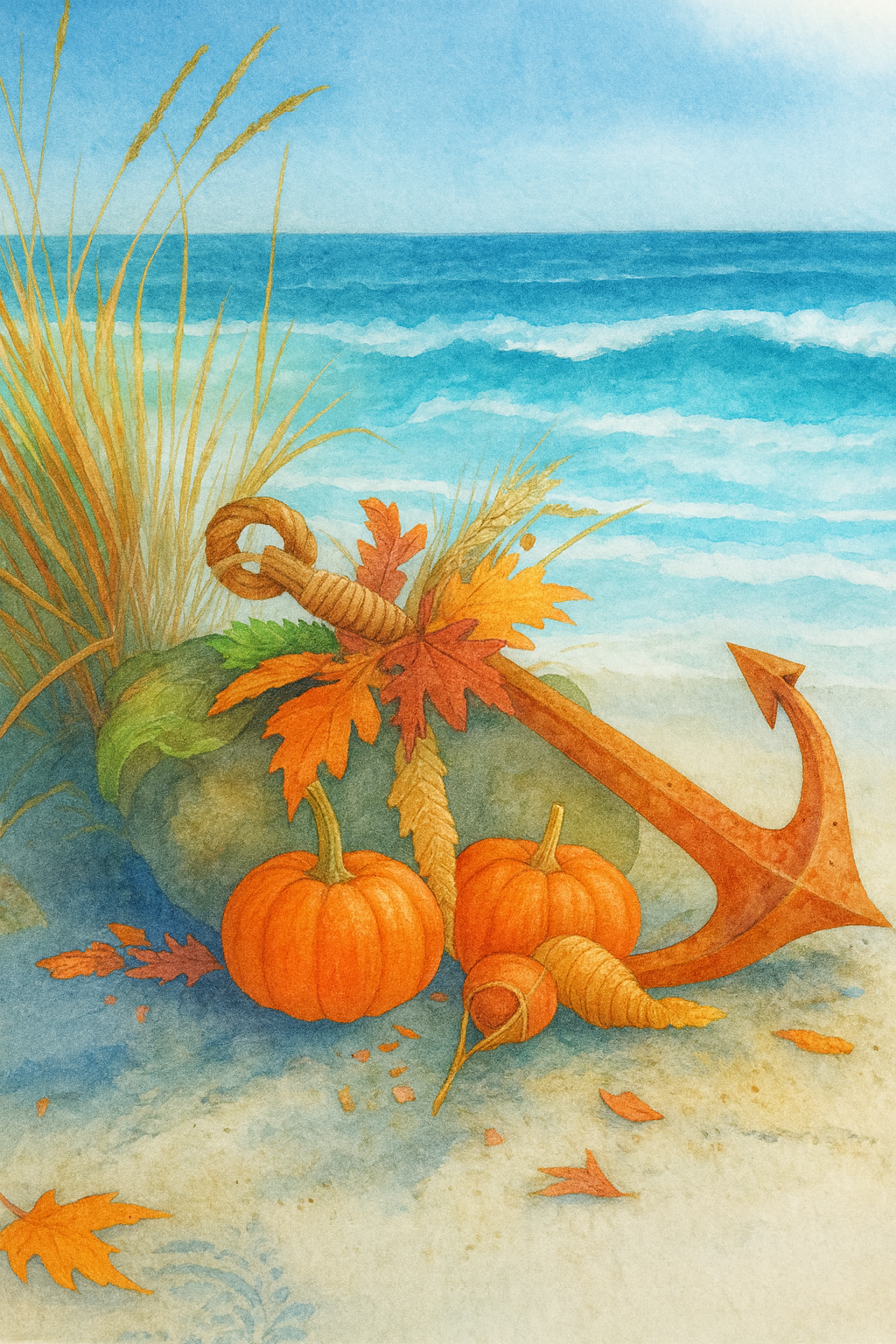 Pumpkins on Beach Print with Anchors