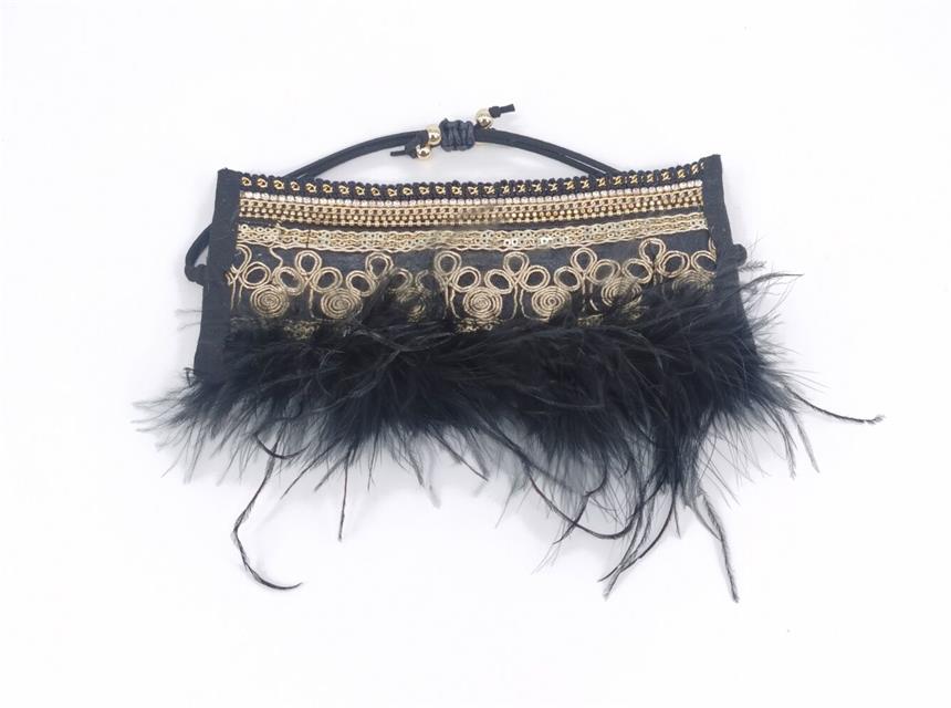 Boho Style Anklet - Natural color embroided design with feather on black