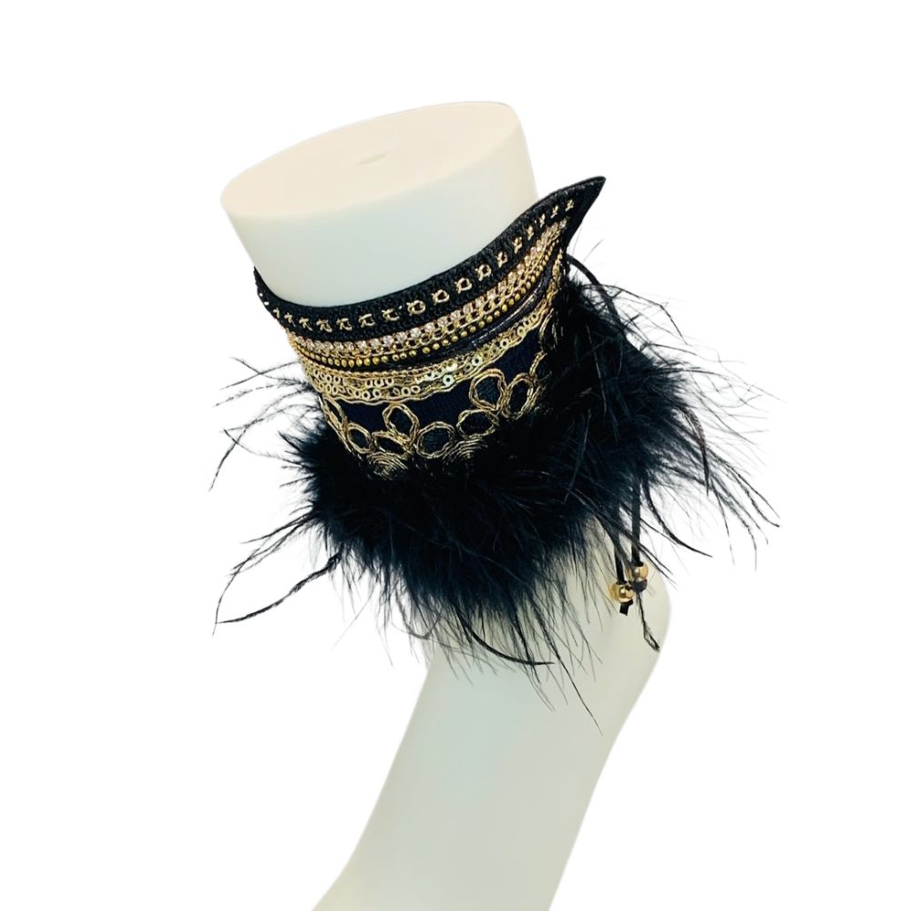 Boho Style Anklet - Natural color embroided design with feather on black