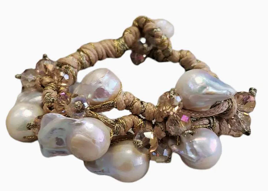 Beige & Gold Freshwater Pearl Woven Braided Bracelet