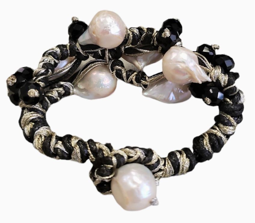 Black & Gold Edison Freshwater Pearl Woven Braided Bracelet
