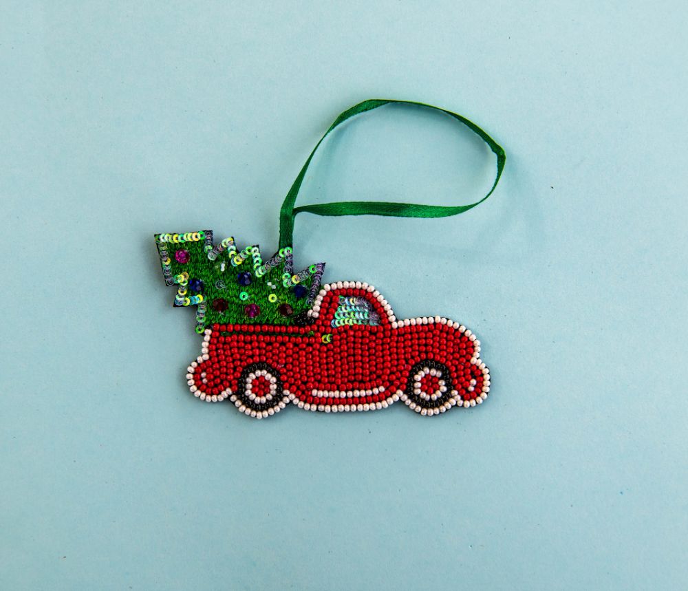 Beaded Ornament - Red Tuck with Christmas Tree
