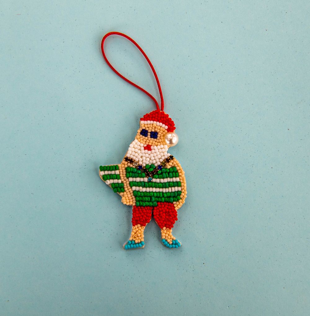 Beaded Ornament - Surf Santa
