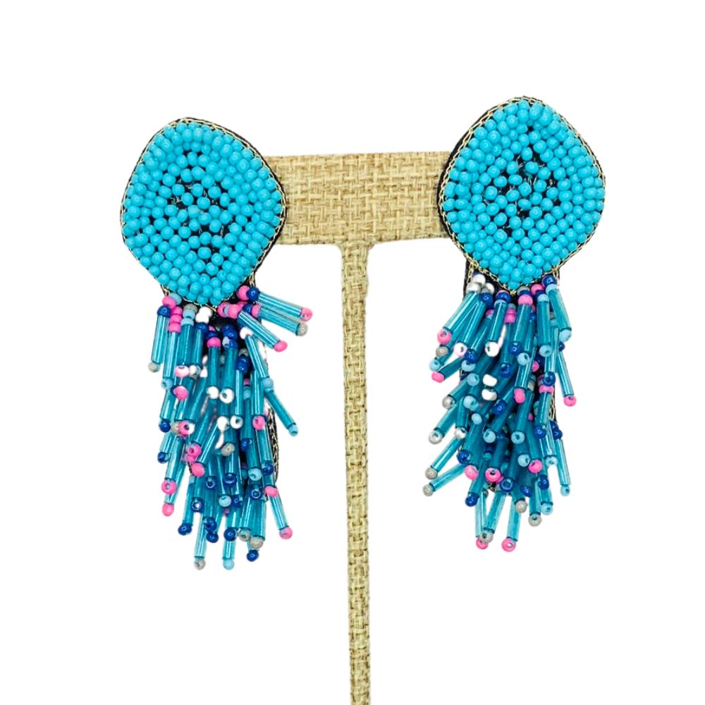 Teal Blue Beaded Tassel Earrings