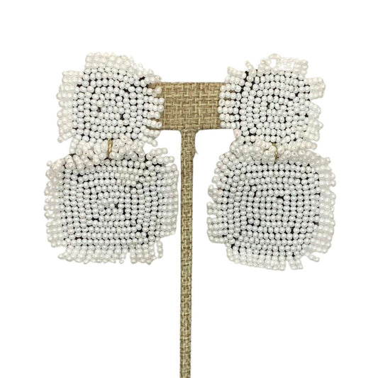 White Beaded Square Dangle Earrings