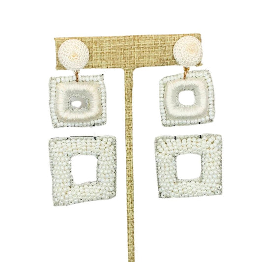 White Beaded and Embroidered Square Dangle Earrings