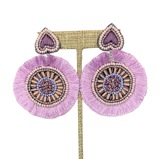 Purple Beaded and Embroidered Circle and Heart Earrings