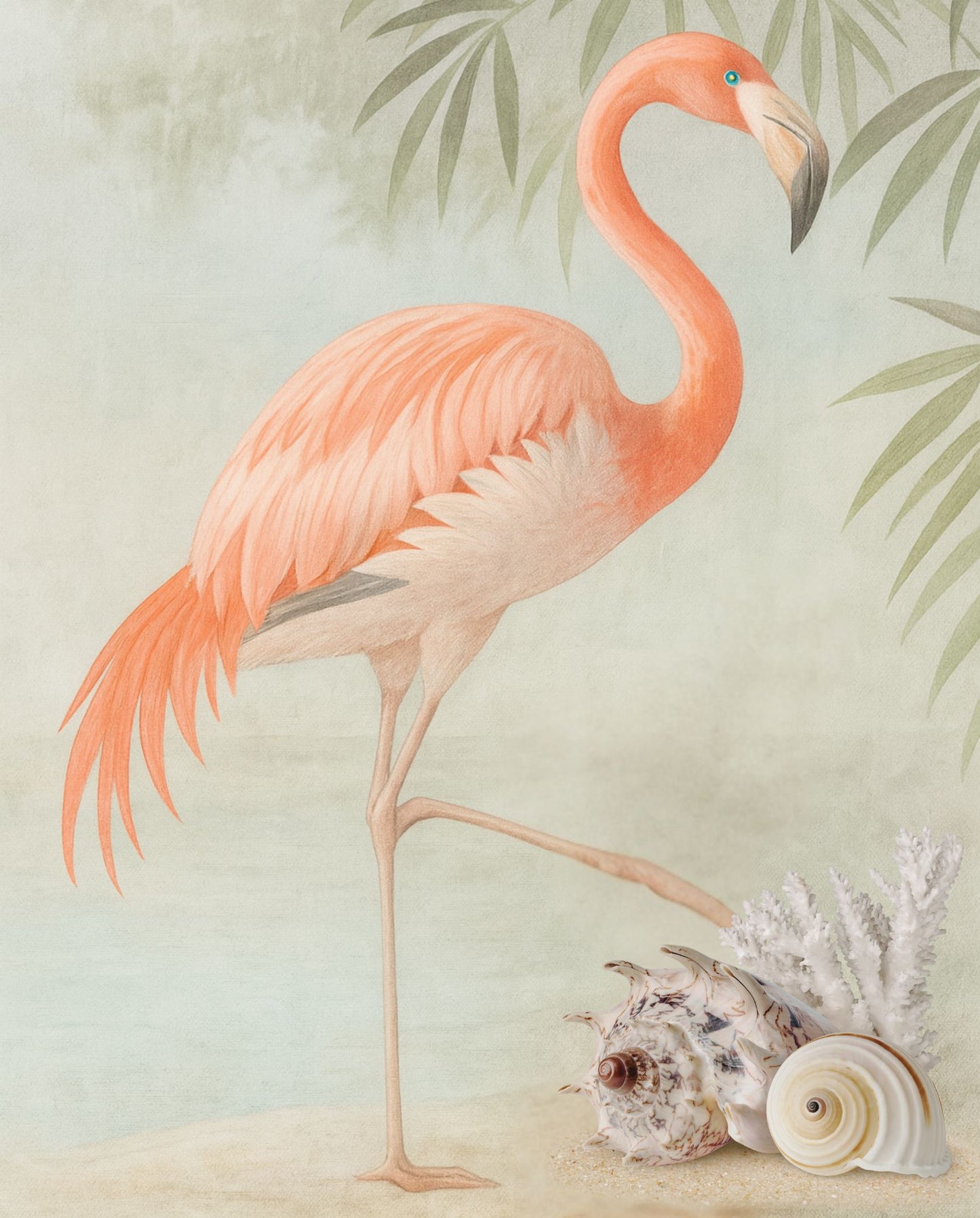 Pink Flamingo with Shells Print