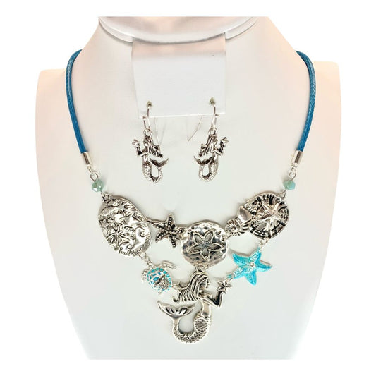 Sea Life Necklace and Earring Set - Antique Silver Mermaid