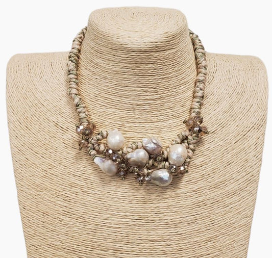 Beige & Gold Freshwater Pearl Woven Braided Necklace