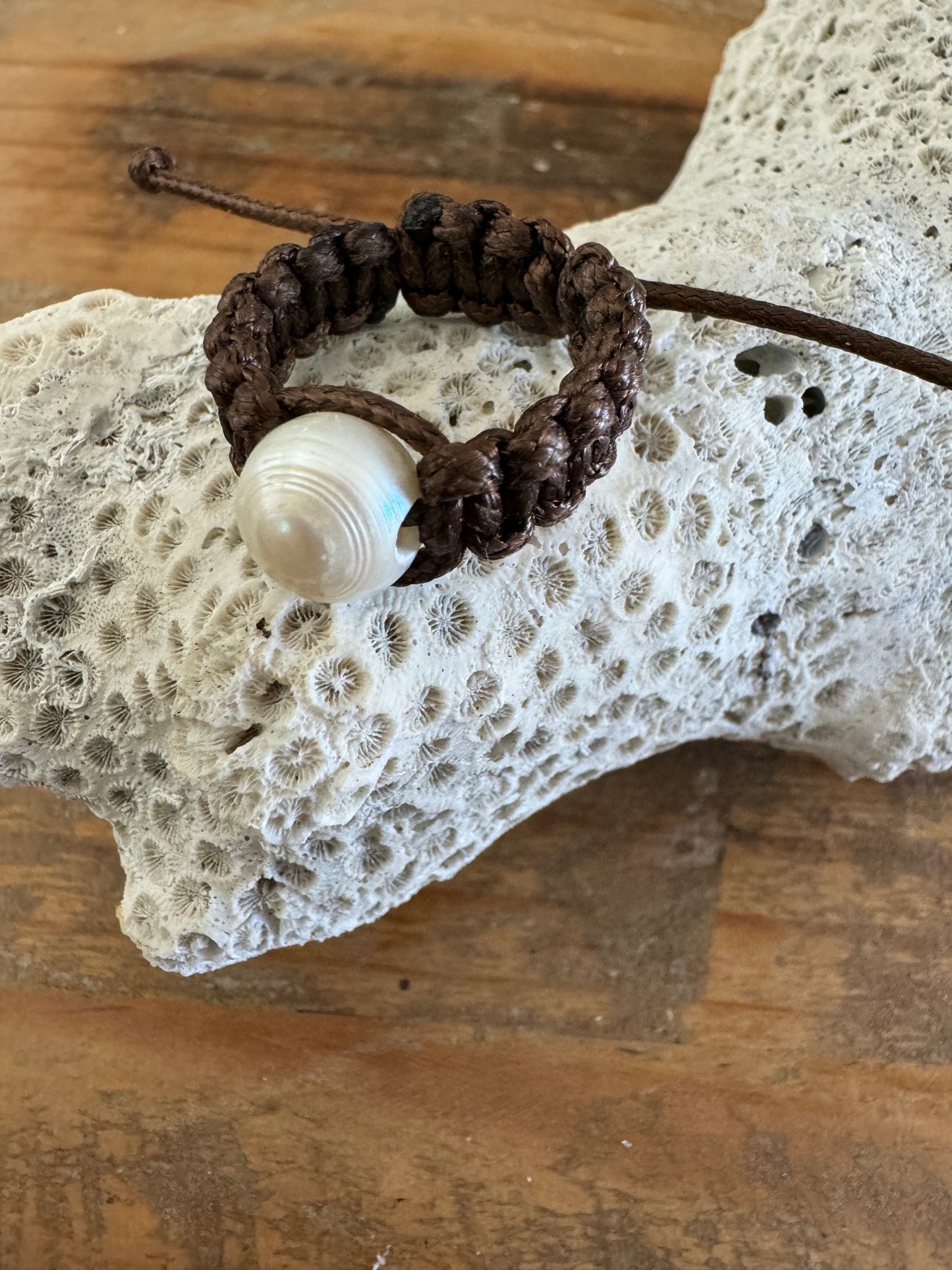 Freshwater Pearl Cotton crochet adjustable ring Brown