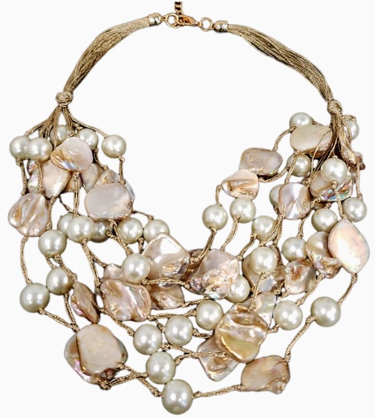 Gold Abalone Seashell & Pearl Multi Strand Layer Necklace