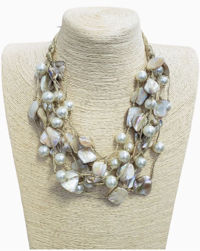 Gold Abalone Seashell & Pearl Multi Strand Layer Necklace