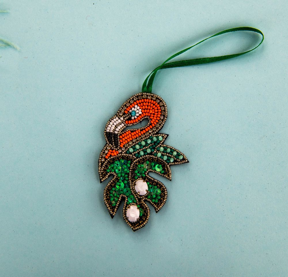 Beaded Ornament - Leaf Flamingo