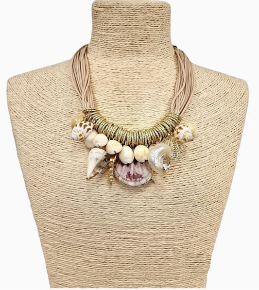 Beige & Gold Mixed Ocean Life Seashell Charm Necklace