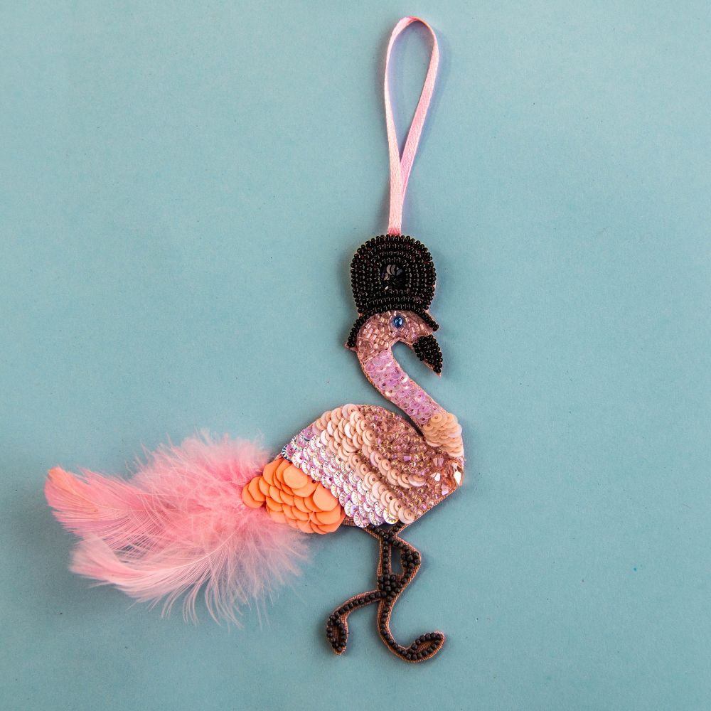 Beaded Ornament - Tophat Flamingo