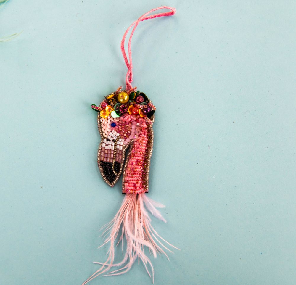 Beaded Ornament - Sparkled Hat Flamingo