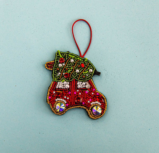 Beaded Ornament - Christmas Tree on Car